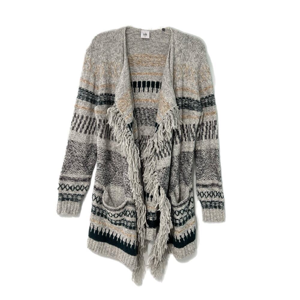 CABI Shetland Gray Green Geometric Fringe Open Knit Cardigan size Small Pockets